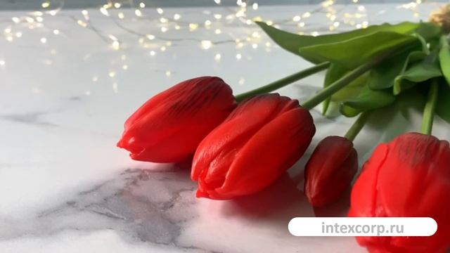 Искусственный букет ТЮЛЬПАНЫ ＂ВЕСНЕ ДОРОГУ!＂, силикон, красный, 40 см (букет – 5 шт.), 216002-30-2