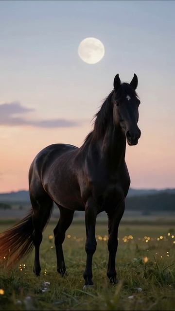 Красивая ночь с черной лошадью под полной луной #лошади #природа #красота