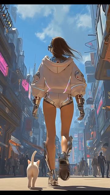 Девушка шагает по городу будущего