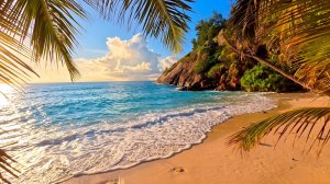 Сейшельские острова. 🌅 Закат над океаном и тропическим пляжем. Океанские волны.