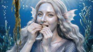 Сказочная Девушка-рыба ест водоросли ASMR AI