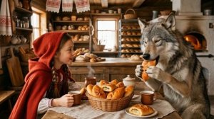 Красная шапочка и Серый волк сидят в пекарне
