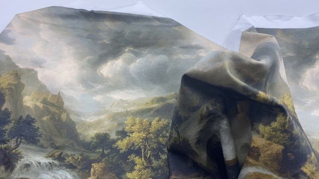 Хлопок бежево-черного цвета с принтом  живопись картина14471