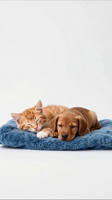 Сонные кот и щенок: моменты дружбы #кот #щенок #дружба