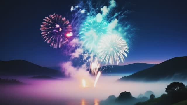 Волшебные фейерверки над туманным озером в горах! Магия ночи и красок. 🎆✨