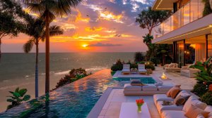 Вечерний Джаз у Океана | Закат, Бассейн и Спокойная Музыка для Отдыха