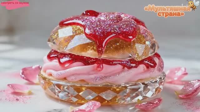 Стеклянная булочка с розовым кремом. Изысканная ИИ - анимация.