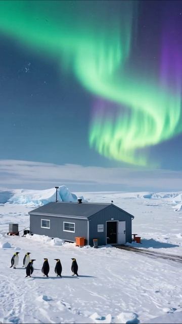 Пингвины под северным сиянием: волшебство Антарктиды #пингвины #северноесияние #природа