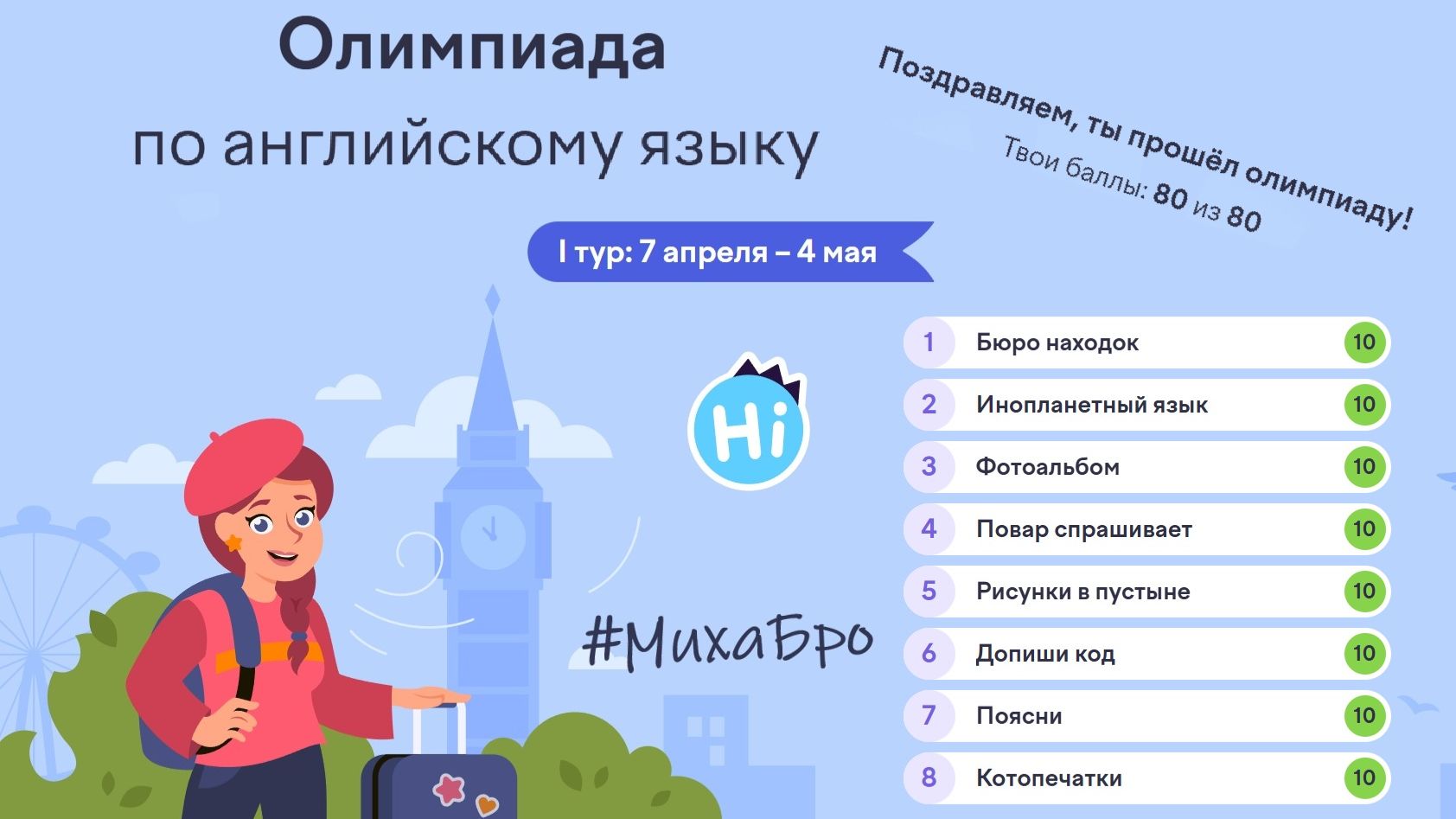 Олимпиада по Английскому языку, Апрель 2026 / Учи.ру / Ответы 80 из 80