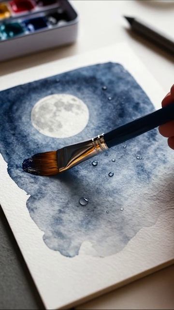 Искусство акварели: Лунный пейзаж с каплями воды акварель арты рисование