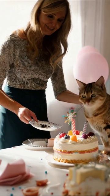 День рождения с кошкой и тортом! #кот #деньрождения #веселье