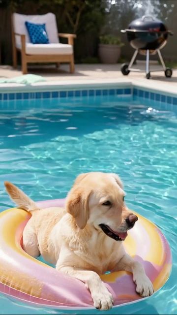 Собака на надувном круге в бассейне #Лабрадор #Лето #Веселье