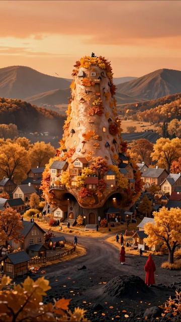Сказочный мир осени: волшебные дома на холме #искусство #осень #фантазия