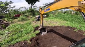 Строительство,экскаватор копает песок