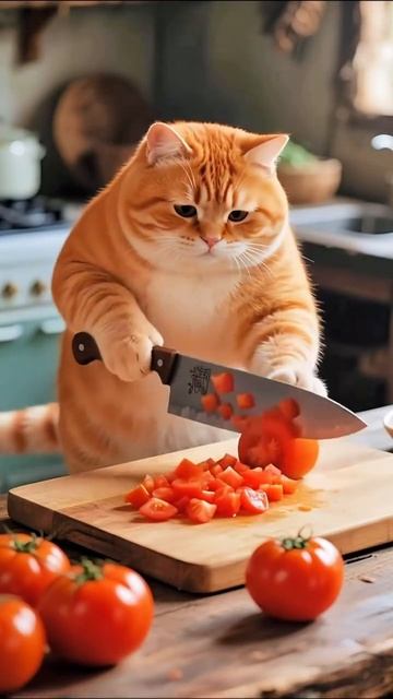 Кот учится готовить картошку фри