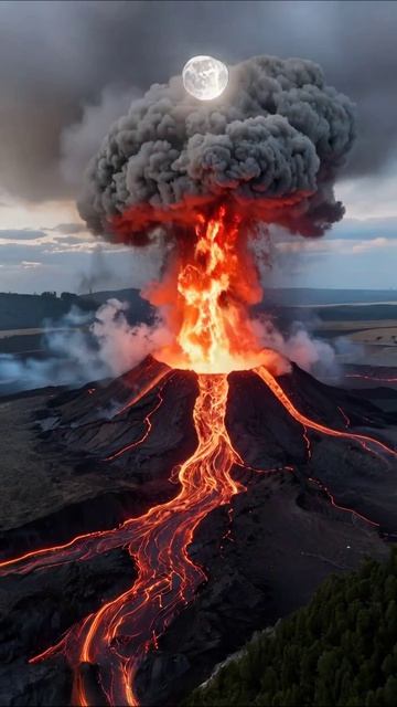 Взрыв вулкана под полной луной #вулкан #природа #пейзажи