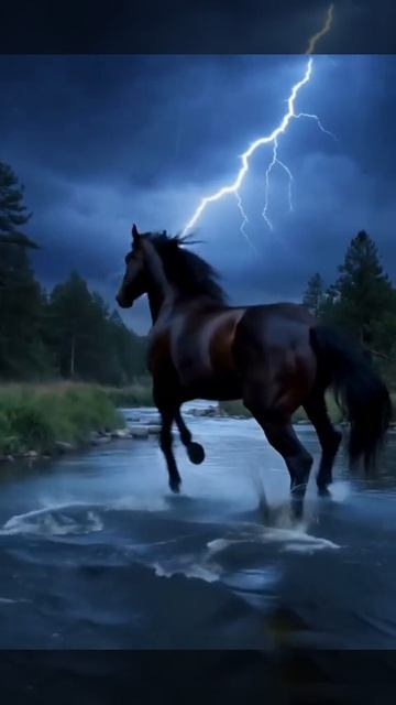 Ии гига чат Конь бежит вдоль ручья на фоне грозы с молниями