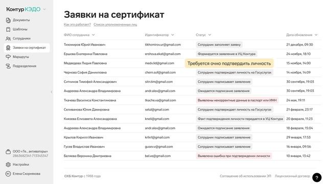 Очное УЛ сотрудника