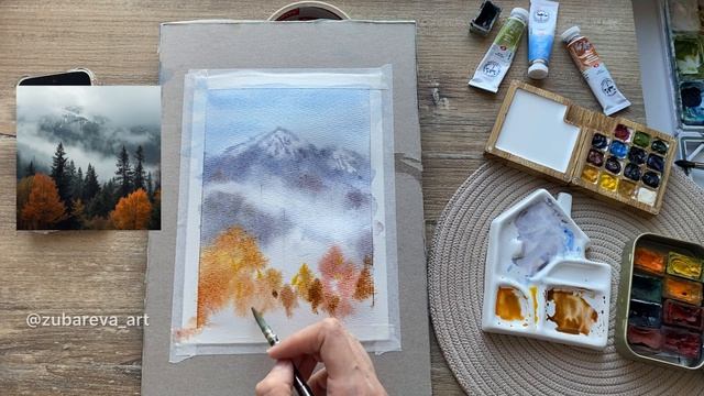 Как нарисовать осенний лес и горы акварелью. Зубарева Екатерина.