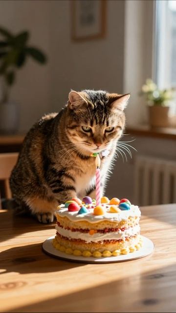 Котик и праздничный торт: забавные моменты! #кот #торт #праздник