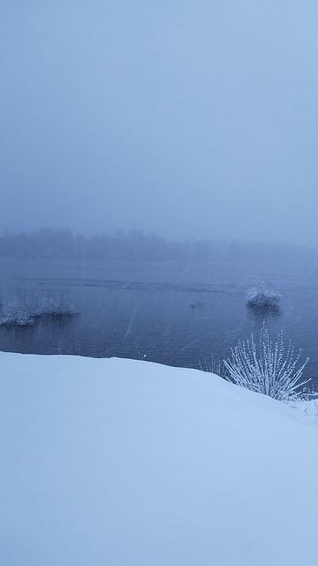 р.Ока.Утро 5ч.15мин.Снег выпал и идёт.Туман.