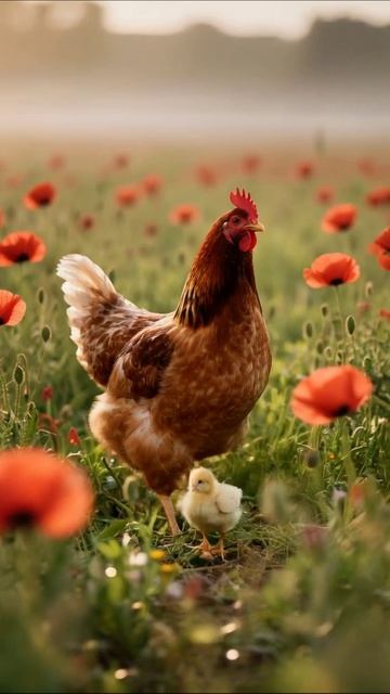 Нежные моменты: курица и цыпленок в цветах #природа #курица #животные