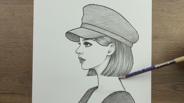 Как нарисовать девушку шаг за шагом  в шляпе карандашом
