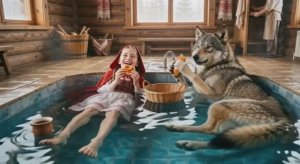 Красная шапочка и Серый волк сидят в бассейне