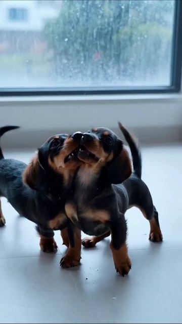 Игривые щенки таксы, радующиеся дождю #щенки #такса #кошелек