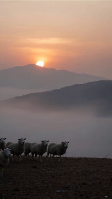 Собрание овец на фоне восхода солнца #природа #овцы #восход