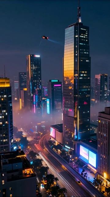 Ночной город будущего: яркие огни и футуристические здания #город #футуризм #ночь