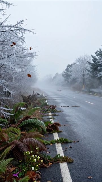 Туманный зимний пейзаж: дорога среди леса #зима #природа #пейзаж