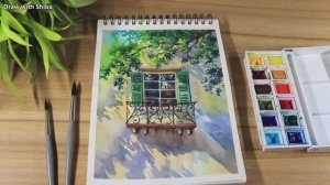 Акварельный рисунок с изображением красивого дерева и простого открытого окна