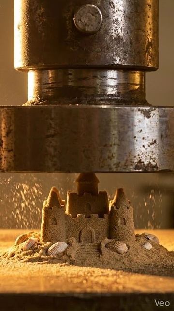 Разрушение песочного замка прессом