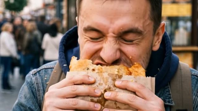 Прикол! Человек очень быстро съедает чебурек