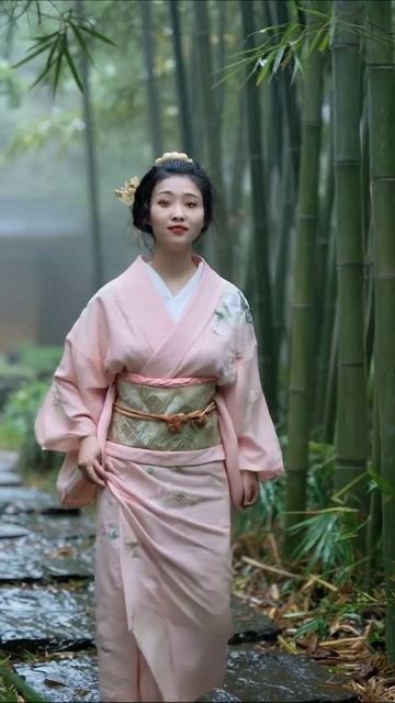 Тайны бамбукового леса: Прогулка в розовом кимоно #кимоно #японскаякультура #природа