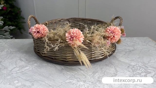 Декоративный поднос КОРЗИНКА ЦВЕТОЧНИЦЫ, ивовая лоза, полиэстер, розовые цветы, 44 см, 802029-1