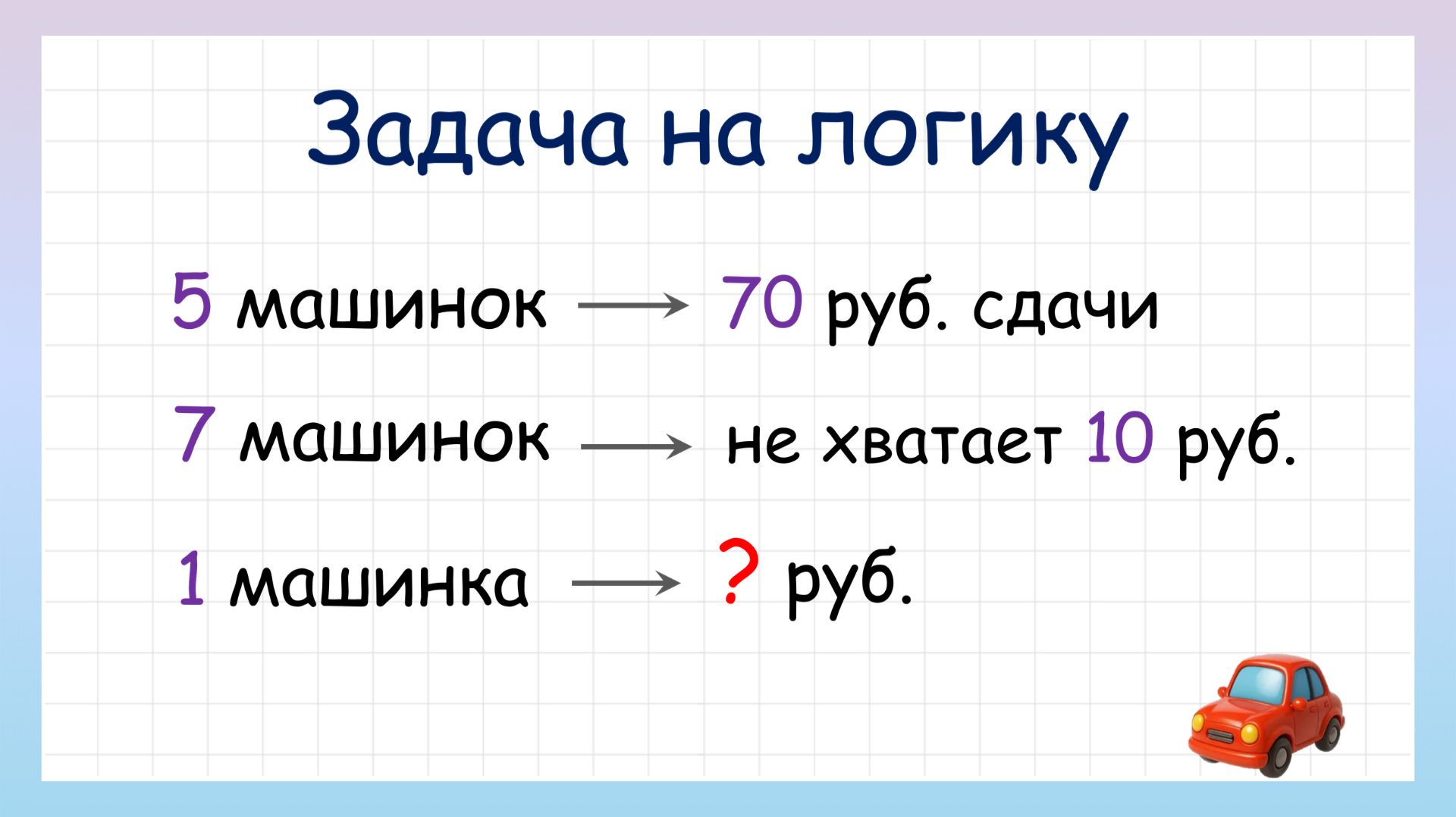Задача на логику сколько стоит 1 машинка?