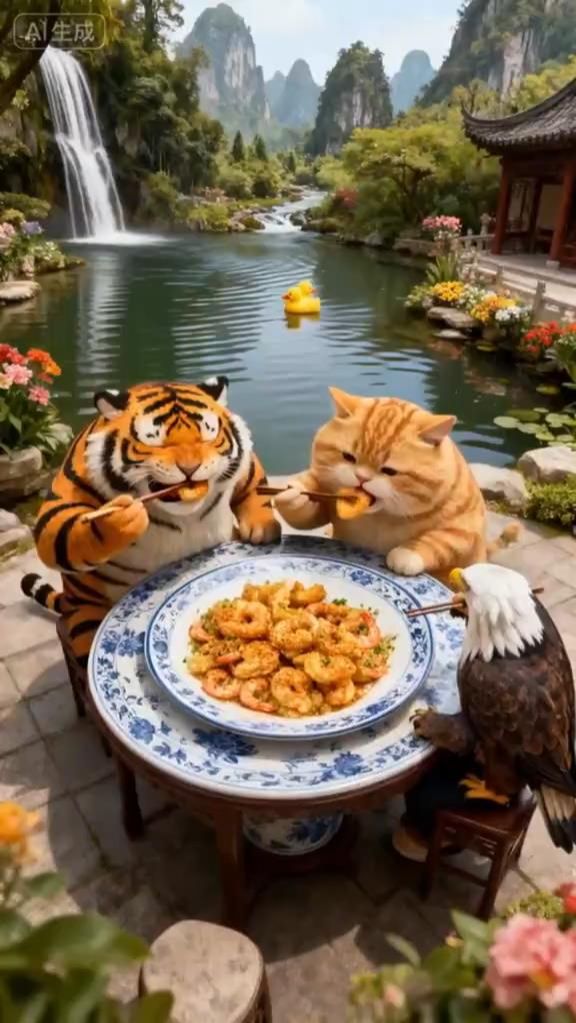 Ужин рыжей кисы тигра и грифа