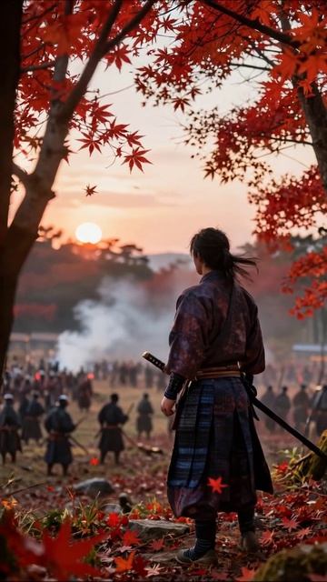 Воин на закате: битва среди красных листв