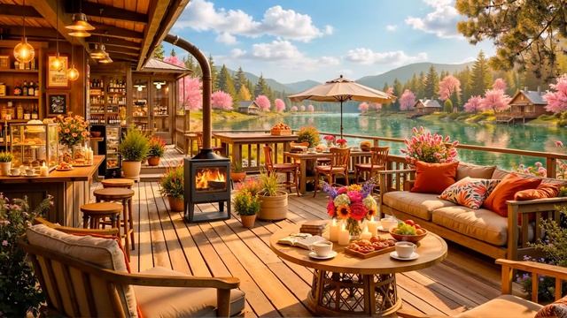 Весеннее Кафе у Озера с Камином | Уютный Джаз для Расслабления