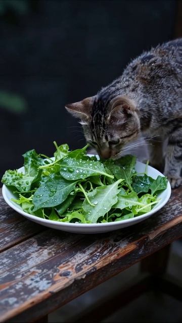 Кошка и свежий салат: забавные моменты #кот #еда #друзья