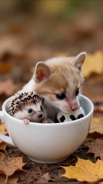 Милое мурчание: котенок, ёжик и панда в чашке #котики #животные #милота