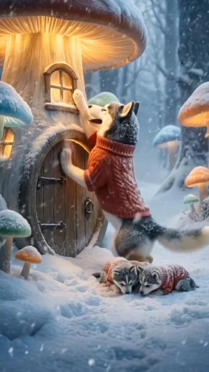 ❄️🐾 Собачка хаски с щенятами в морозный зимний вечер постучалась в дверь к медвежонку