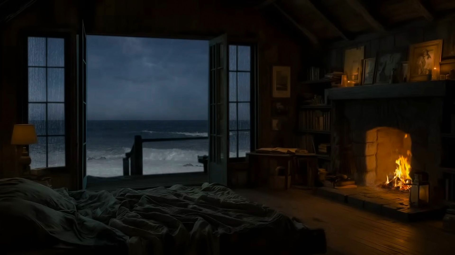 Дождь и Гроза у Океана Ночью | Шум Волн и Камина для Сна и Отдыха