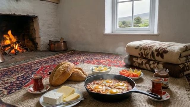 Простая жизнь в крошечном белом коттедже, камин и вкусная еда