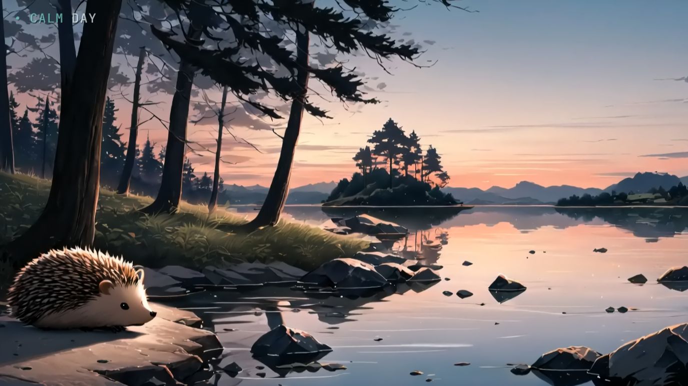 Ёж на берегу озера — спокойная анимация природы