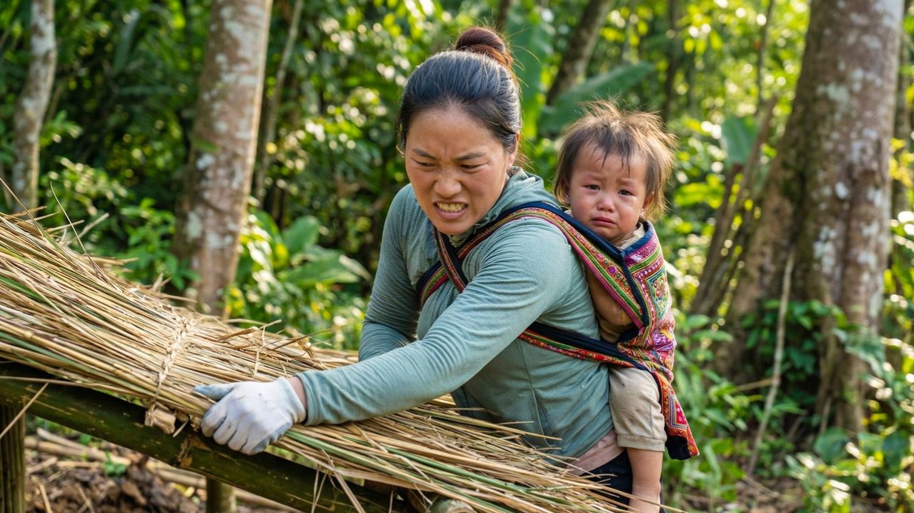 Она носит на руках своего ребенка, пока обустраивает кухню... Выживание матери в лесу.