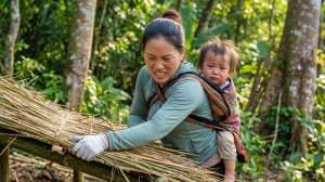Она носит на руках своего ребенка, пока обустраивает кухню... Выживание матери в лесу.