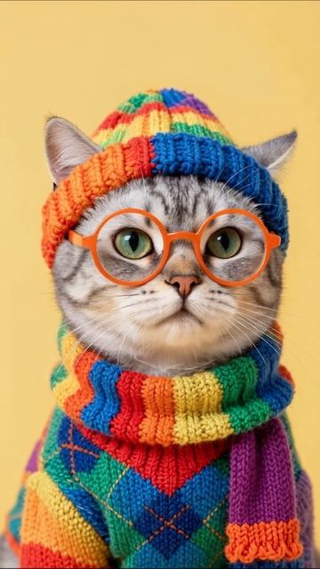 Умный кот в цветном свитере и очках #кот #приколы #мода